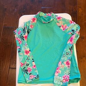 Lands' End Teal and Pink Floral Kids Swim Rashguard Girl size M 10–12